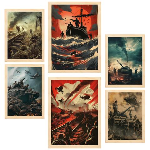 Set Di 6 Stampe Dipinto Decorativo Momenti Storici Battaglia Su Barca Carro Armato Elicottero Incorniciato Con Illustrazioni A3 & A4 Telaio In Legno Chiaro - Foto 1