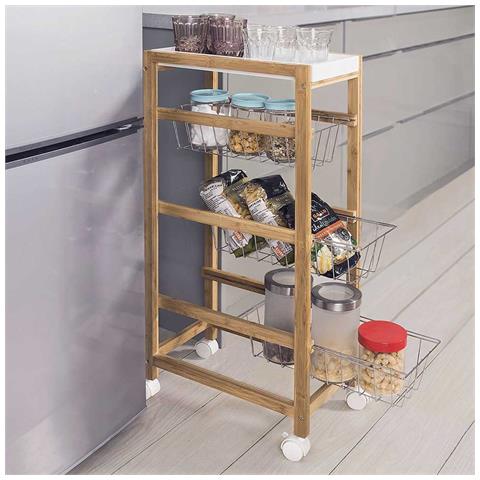 Carrello Cucina Slim Salvaspazio Legno Bambu 4 Ripiani 1 Vassoi 3 Cestelli Ruote - Foto 1
