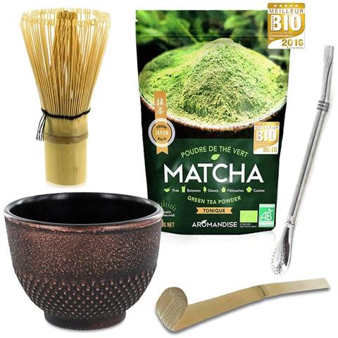 Box Tè Matcha + Frusta + Cucchiaio Di Bambù + Tazza Nera & Viola + Cannuccia In Acciaio Inox Con Filtro - Foto 1