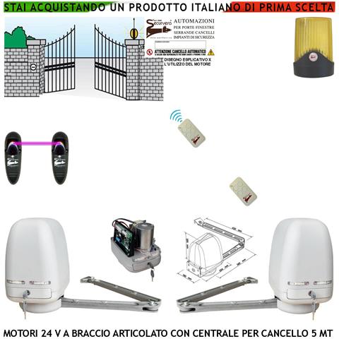 Automazione Cancello Kit Motori Braccio Articolato 24 V 2 Ante Da 0,5 A 2,5 Mt Centrale 220/24 V Faro Coppia Fotocellu - Foto 1
