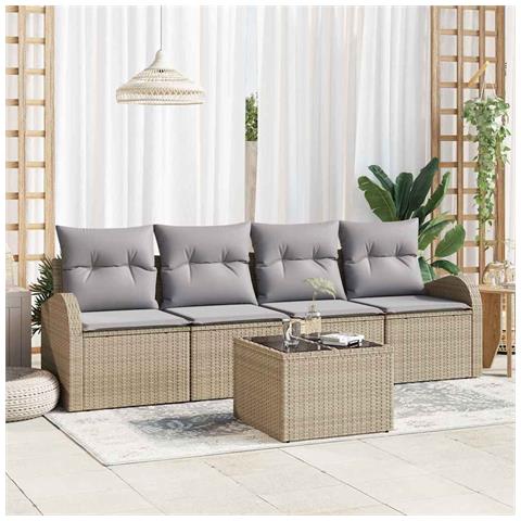 Set di Divani da Giardino da 5 Pezzi con Cuscini Beige in Polirattan - Foto 2