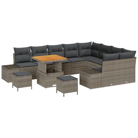 Set Divano da Giardino  12 Pezzi con Cuscini Grigio Polyrattan Acacia, Set da Pranzo da Giardino  3 Pezzi con Cuscini Grigio Polyrattan Acacia, Divano da Giardino 2 Posti con Cuscini Grigio Polyrattan - Foto 1