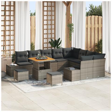 Set Divano da Giardino  12 Pezzi con Cuscini Grigio Polyrattan Acacia, Set da Pranzo da Giardino  3 Pezzi con Cuscini Grigio Polyrattan Acacia, Divano da Giardino 2 Posti con Cuscini Grigio Polyrattan - Foto 2