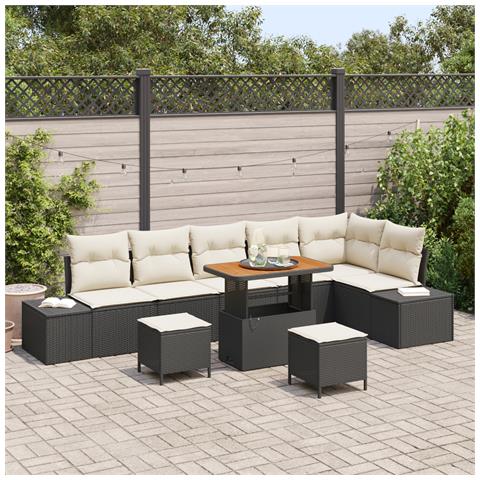 Set Divano da Giardino 9 Pezzi con Cuscini Polirattan Nero Acacia,  Divano da Giardino 2 Posti con Cuscini Polirattan Nero,  Set da Pranzo da Giardino 3 Pezzi con Cuscini Polirattan Nero Acacia - Foto 2