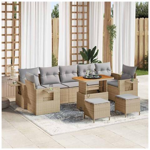 Set Divano da Giardino in 10 Pezzi con Cuscini Beige Rattan Polietilene Acacia, Set da Pranzo da Giardino in 3 Pezzi con Cuscini Beige Rattan Polietilene Acacia - Foto 2