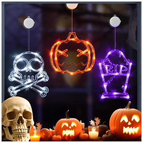 Luci Led Da Finestra Con Ventose Per Halloween Zucca Teschio Tomba 3 Pezzi - Foto 1