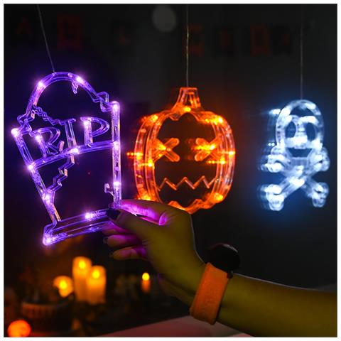 Luci Led Da Finestra Con Ventose Per Halloween Zucca Teschio Tomba 3 Pezzi - Foto 4