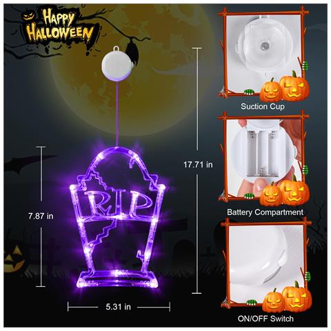 Luci Led Da Finestra Con Ventose Per Halloween Zucca Teschio Tomba 3 Pezzi - Foto 2