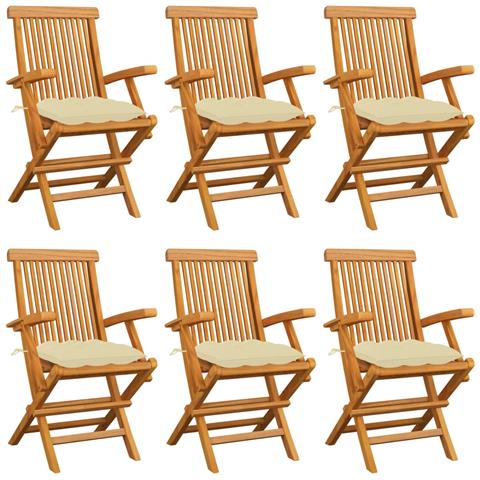 Sedie da Giardino con Cuscini Bianco Crema 6 pz in Massello di Teak - Foto 1