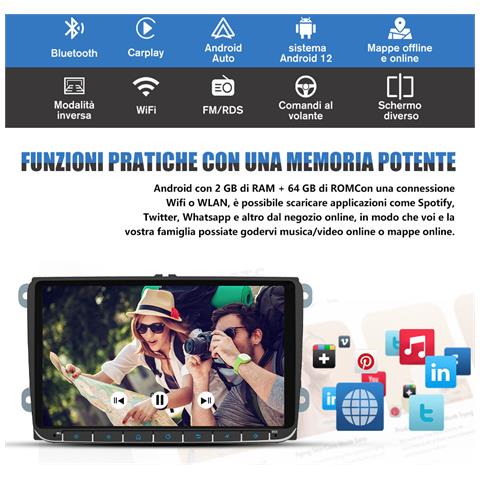 Autoradio 9 Pollici Android 13 Carplay Android Auto Per Vw Golf 5 6 Plus Polo Passat Tiguan Seat, 2g+64gb Car Radio Gps Bluetooth Wifi Fm Rds Eq Comandi Al Volante - Foto 5