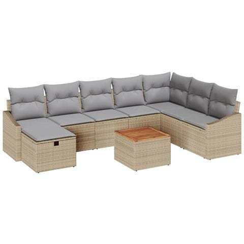 Set da Giardino 9 Pezzi con Cuscini in Rattan Poliestere Beige - Foto 1