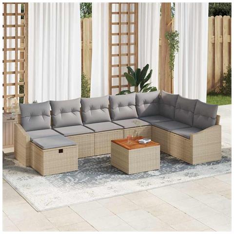 Set da Giardino 9 Pezzi con Cuscini in Rattan Poliestere Beige - Foto 2