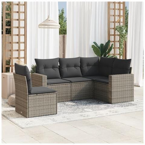 Set Divano da Giardino 5 pz con Cuscini Grigio in Polyrattan - Foto 2