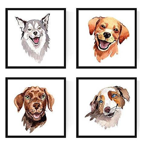 Set Di 4 Stampe Lamine Quadrate Con Le Immagini Di Cani. Cornice Nera 20x20 Cm - Foto 1