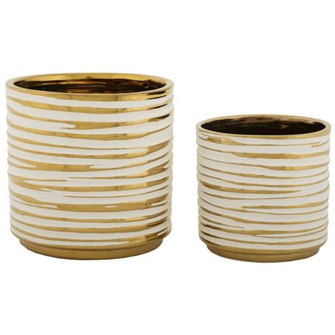 Coppia Portavasi Blom In Ceramica Bianca E Oro - Foto 1