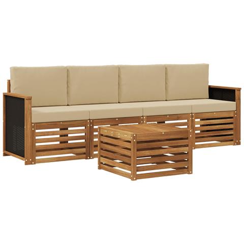 Set di divani da esterno con cuscino 5 pcs Naturale e Beige - Foto 1