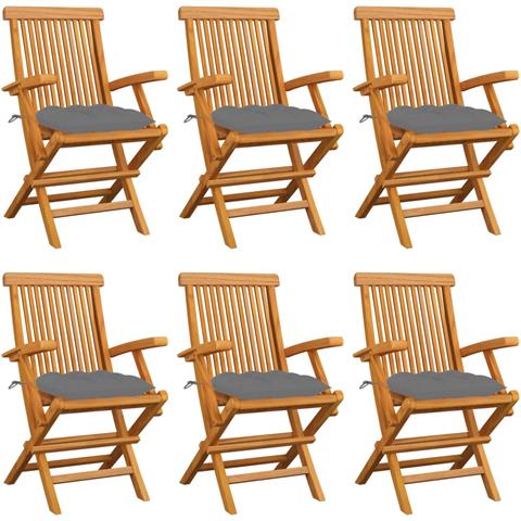 Sedie da Giardino con Cuscini Grigi 6 pz in Massello di Teak - Foto 1