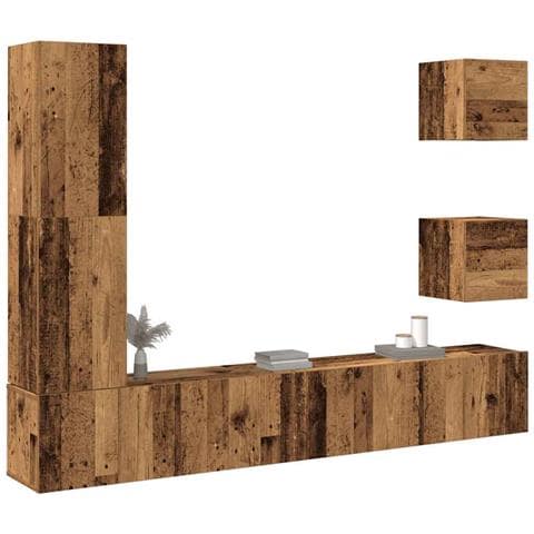 Set Mobile Tv 5 Pz Montato A Parete Legno Antico In Truciolato - Foto 1
