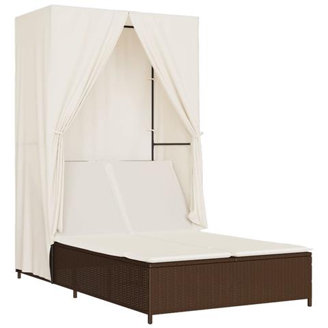 Lettino Prendisole Con Tetto E Tende Marrone In Polyrattan - Foto 1