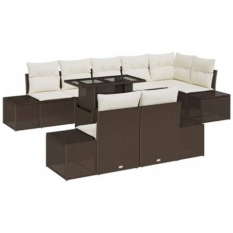 Set da giardino 9 pezzi con cuscini in rattan polietileno marrone - Foto 1