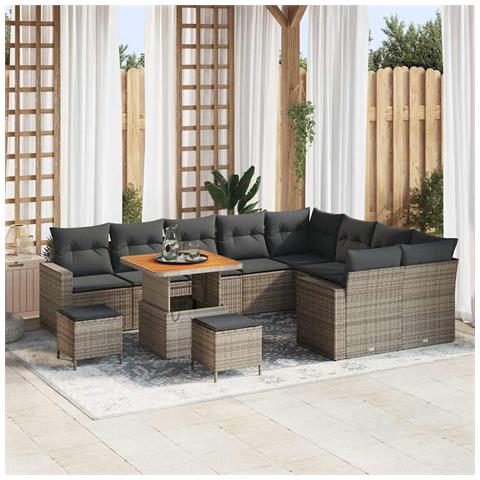 Set Divano da Giardino  12 Pezzi con Cuscini Grigio Rattan Polietilene Acacia, Set da Pranzo da Giardino  3 Pezzi con Cuscini Grigio Rattan Polietilene Acacia - Foto 2