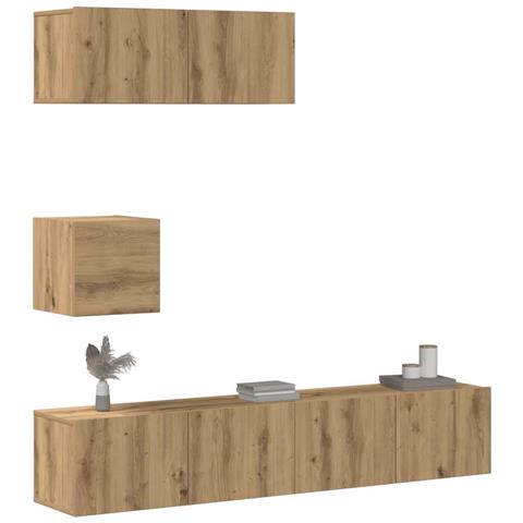 Set Mobile TV 4 pz Montato a Parete Rovere in Legno Multistrato - Foto 2