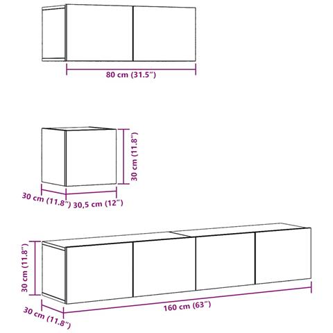 Set Mobile TV 4 pz Montato a Parete Rovere in Legno Multistrato - Foto 9