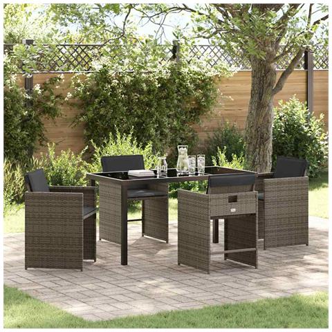 Set da Pranzo per Giardino con cuscino 5 pcs Grigio Poly Rattan - Foto 2