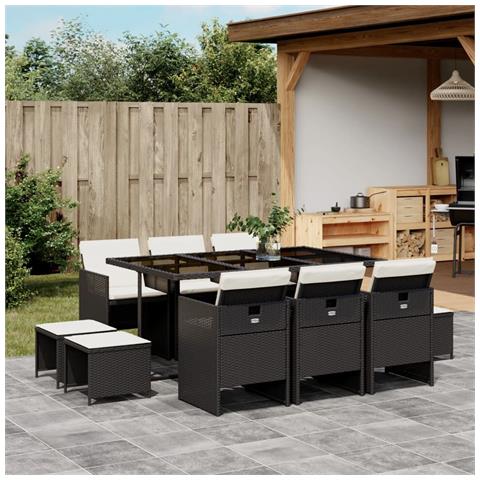 Set Da Pranzo Da Giardino 11 Pz Con Cuscini In Polyrattan Nero - Foto 1