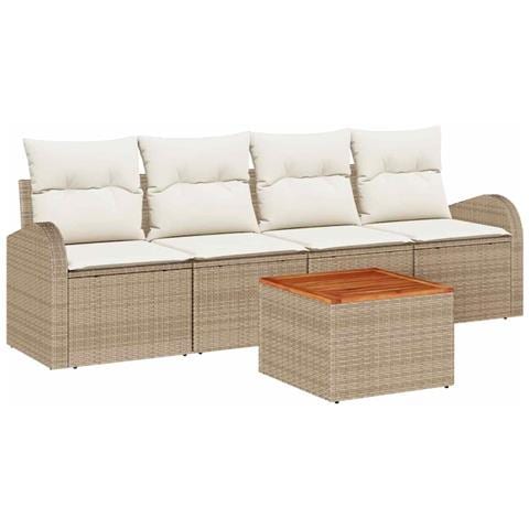 Set di Divani da Giardino da 5 Pezzi con Cuscini Beige in Rattan Polietilene e Acacia - Foto 1