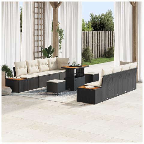 Set di divano da giardino pieghevole da 11 pezzi con cuscini neri in polyrattan e acacia, Set da pranzo per giardino da 3 pezzi con cuscini neri in polyrattan e acacia - Foto 2