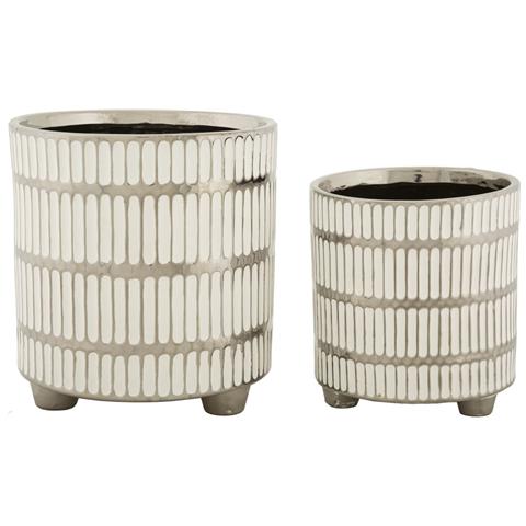 Coppia Portavasi Ray In Ceramica Bianca E Argento - Foto 1