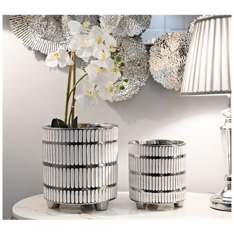 Coppia Portavasi Ray In Ceramica Bianca E Argento - Foto 6