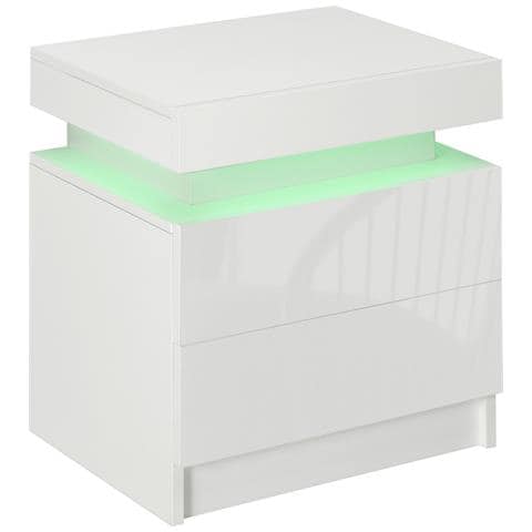 Comodino Con Luce Led Rgb Incorporata Con 2 Cassetti, 4 Modalità Di Luce E 16 Colori, In Truciolato, 45x35x52cm, Bianco - Foto 1