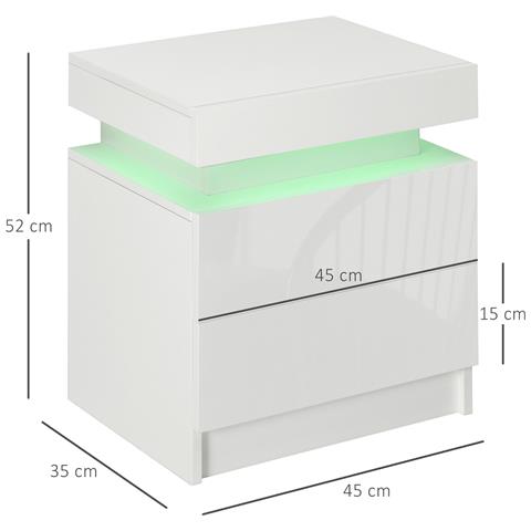 Comodino Con Luce Led Rgb Incorporata Con 2 Cassetti, 4 Modalità Di Luce E 16 Colori, In Truciolato, 45x35x52cm, Bianco - Foto 6