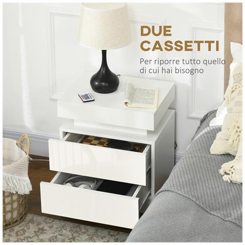 Comodino Con Luce Led Rgb Incorporata Con 2 Cassetti, 4 Modalità Di Luce E 16 Colori, In Truciolato, 45x35x52cm, Bianco - Foto 2