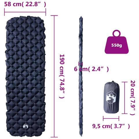 Materasso da Campeggio Gonfiabile 1 Persona Grigio 190x58x6 cm - Foto 6
