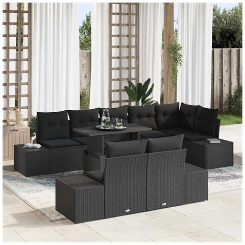 Set da Giardino 9 Pezzi con Cuscini Nero in Rattan Sintetico - Foto 2
