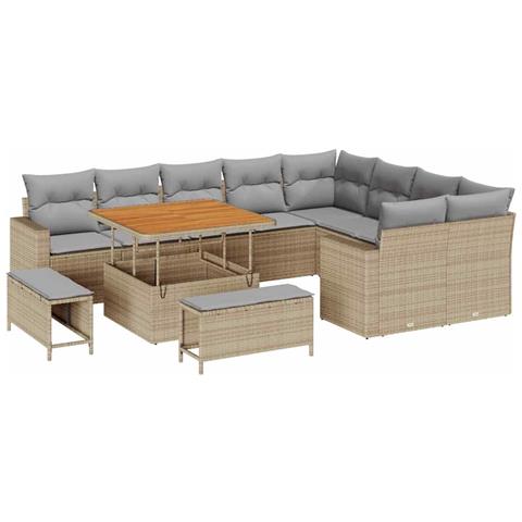 Set divano da giardino  12 pezzi con cuscini in rattan poliestere beige, Set da pranzo da giardino  3 pezzi con cuscini in rattan poliestere beige - Foto 1