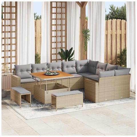 Set divano da giardino  12 pezzi con cuscini in rattan poliestere beige, Set da pranzo da giardino  3 pezzi con cuscini in rattan poliestere beige - Foto 2