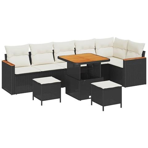 Set divano da giardino 9 pezzi con cuscini Polyrattan nero Acacia, Set da pranzo da giardino 3 pezzi con cuscini Polyrattan nero Acacia - Foto 1