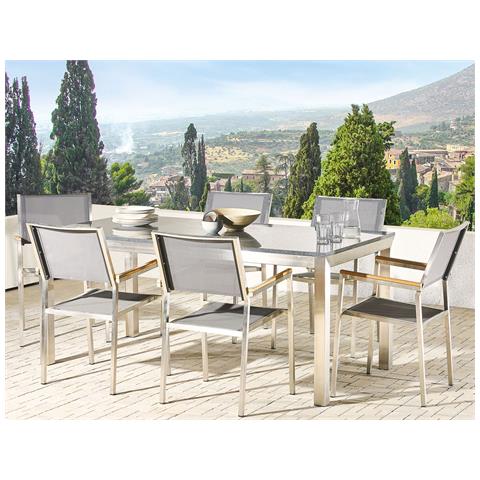 Set Di Tavolo E 6 Sedie Da Giardino In Acciaio, Granito E Fibra Tessile Grigia- Piano Singolo- Grigio Lucido - 180cm - Grosseto - Foto 30