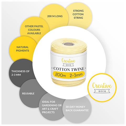 200m Corda Macrame Giallo Pastello | Spago Di Cotone-poliestere | 656 Piedi | Spessore 2-3mm | Grande Corda Spessa Forte | Perfetta Per Avvolgere I Regali, Progetti Fai Da Te Artigianato - Foto 2