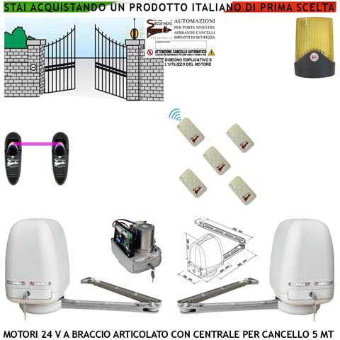 Automazione Cancello Kit Motori Braccio Articolato 24 V 2 Ante Da 0,5 A 2,5 Mt Centrale 220/24 V Faro Coppia Fotocellu - Foto 1