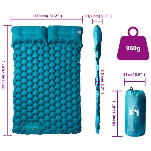 Materasso da Campeggio Autogonfiabile con Cuscini 2 Persone Blu - Foto 6