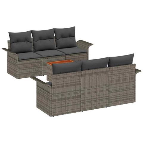 Set di divani da giardino 7 pezzi con cuscini Grigio Polyrattan Acacia, Divano da giardino 2 posti con spazio di archiviazione e cuscini Grigio Polyrattan - Foto 1