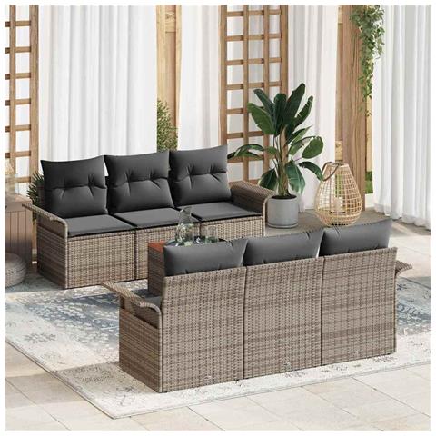 Set di divani da giardino 7 pezzi con cuscini Grigio Polyrattan Acacia, Divano da giardino 2 posti con spazio di archiviazione e cuscini Grigio Polyrattan - Foto 2