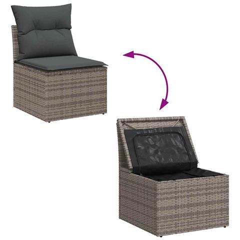 Set di divani da giardino 7 pezzi con cuscini Grigio Polyrattan Acacia, Divano da giardino 2 posti con spazio di archiviazione e cuscini Grigio Polyrattan - Foto 9