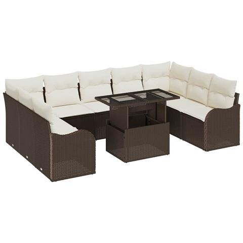 Set Divano da Giardino in 10 Pezzi con Cuscini Marrone Polyrattan, Divano da Giardino a Due Posti con Spazio di Stoccaggio e Cuscini Marrone Polyrattan - Foto 1