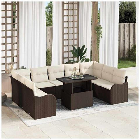 Set Divano da Giardino in 10 Pezzi con Cuscini Marrone Polyrattan, Divano da Giardino a Due Posti con Spazio di Stoccaggio e Cuscini Marrone Polyrattan - Foto 2